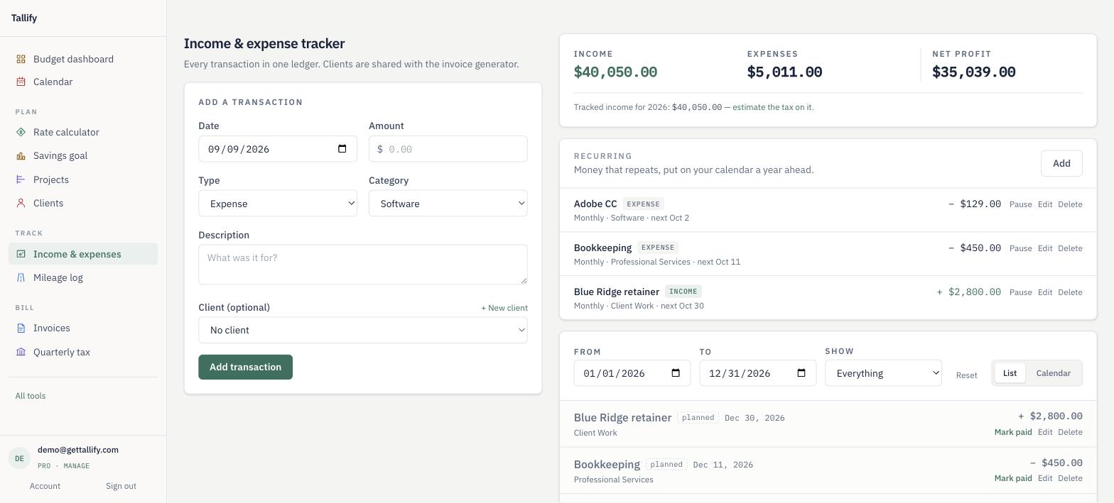 The income and expense tracker: one ledger, with recurring money listed above it.